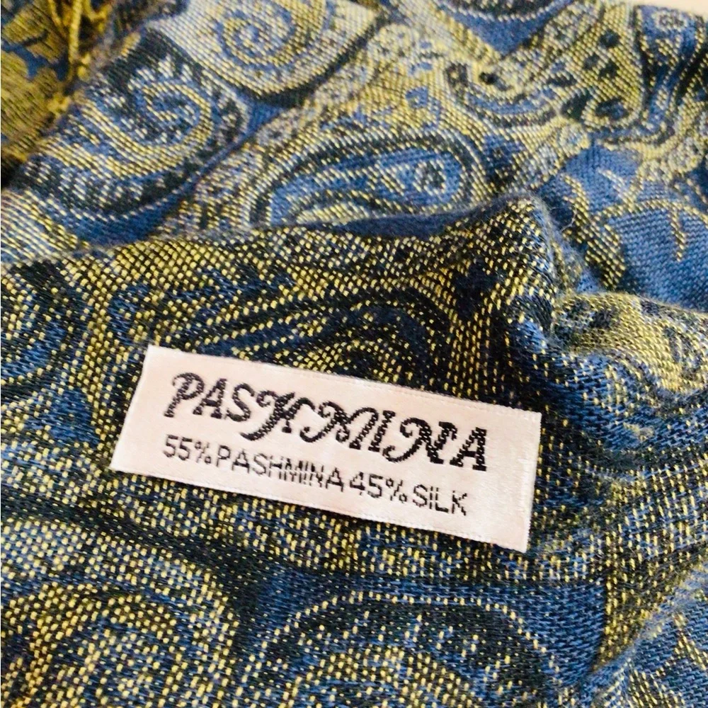 pashmina Olive Green and Navy Blue Paisley Fringe Wrap